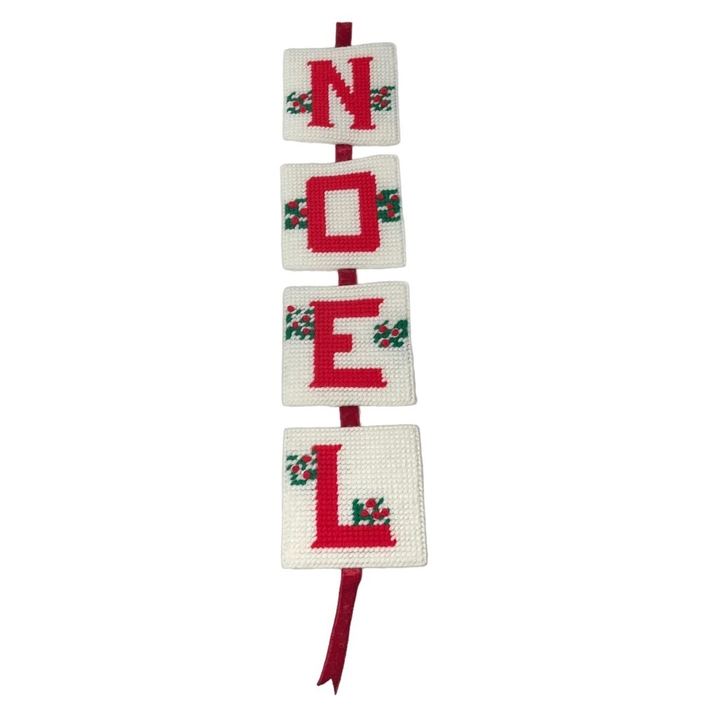 Vintage Finished Needlepoint Noel Christmas Hanger Plastic Canvas Holiday‎